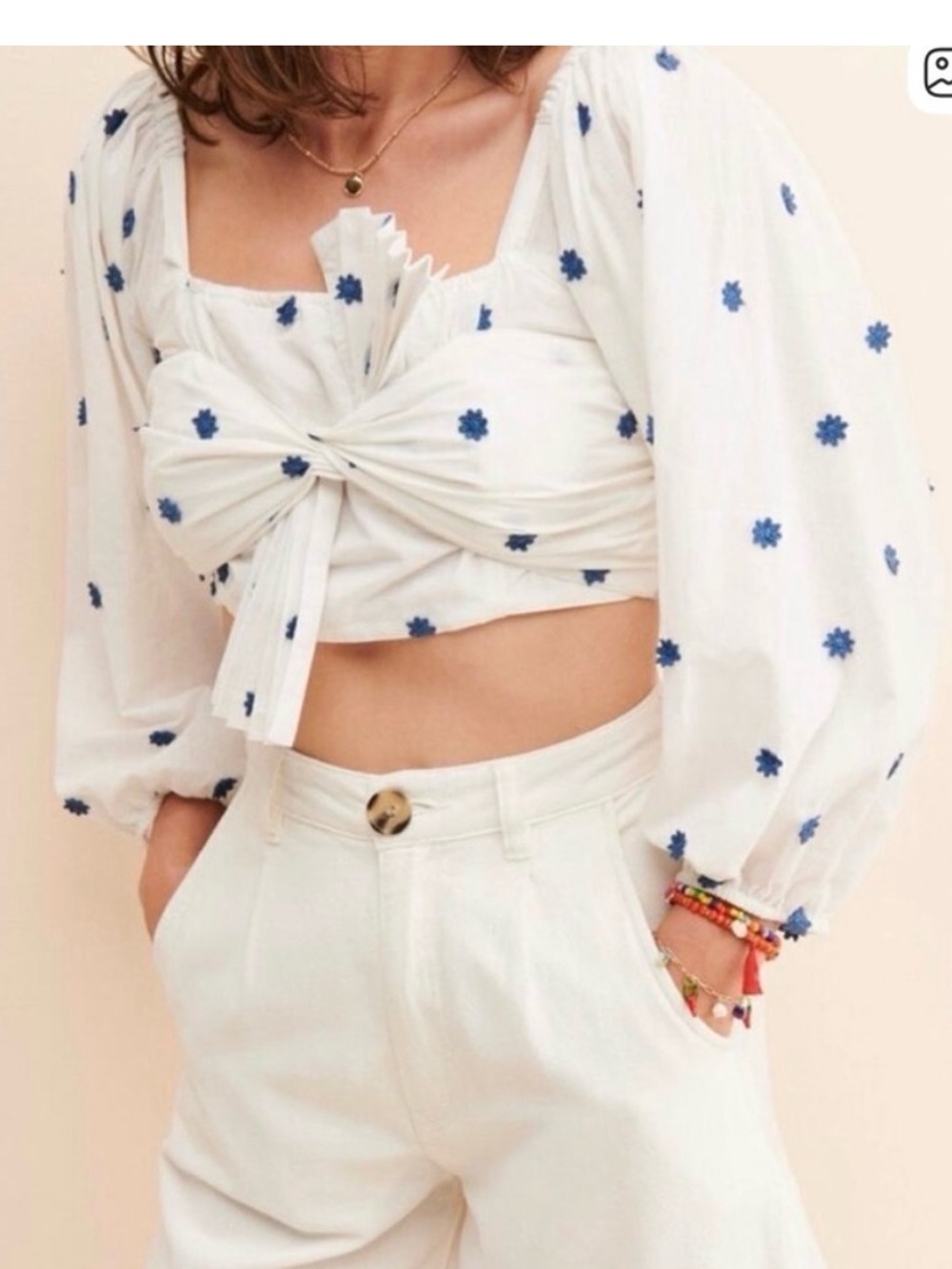 FARM Rio White Cropped Tie-Front Blouse with Navy Floral Dots